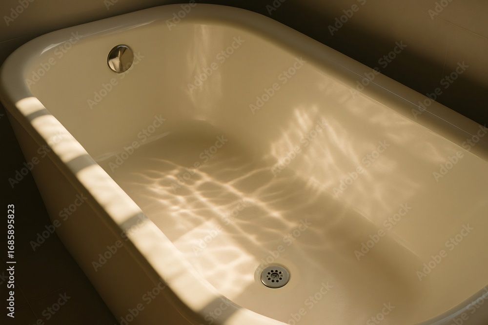 Poster sunlight reflecting on the empty bathtub creating a pattern of light and shadow, perfect for a relax