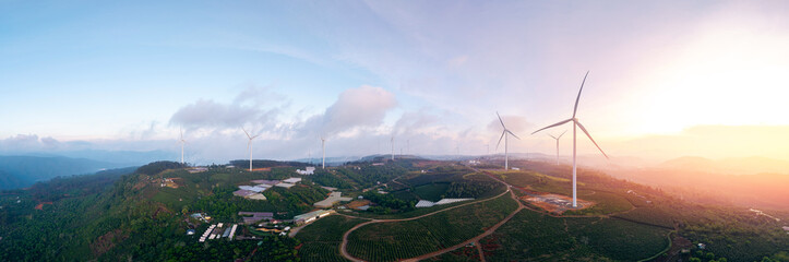 Banner Ecology electricity technology, Wind generators sustainable energy in scenic landscape