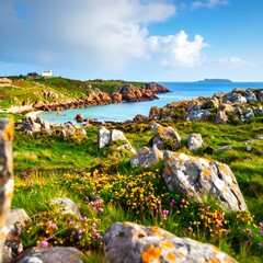 Coastal scenery with wildflowers and rocks