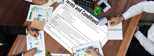 Fototapeta premium Digital legal contract provide terms and conditions document on computer screen ready for online digital signature for deal agreement of future business brisk
