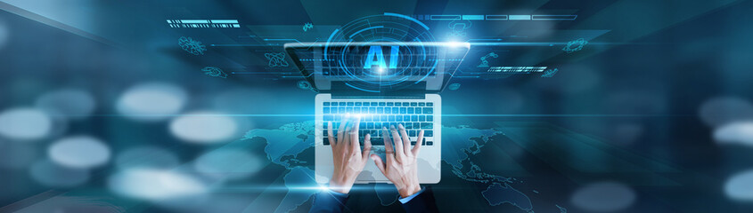 Intelligent systems, automated decision-making. Businessman using laptop with predictive models, machine learning algorithms, data analytics, neural networks, and automation tools.