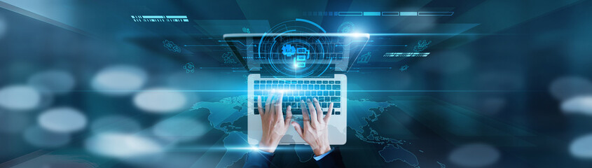 Data processing, optimized computation. Businessman using laptop with code simulation, performance analysis, predictive modeling, testing frameworks, and logic optimization