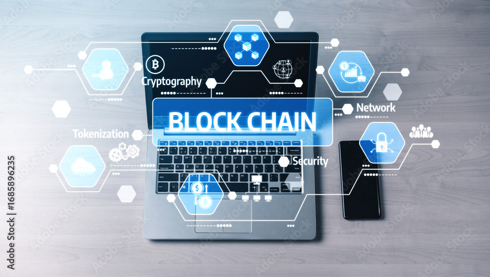 Poster a modern laptop displaying blockchain technology concepts like security, network, and cryptography i
