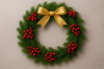 Christmas wreath made of pine branches and red berries with golden bow hanging on a gray wall, perfect decoration for winter holidays