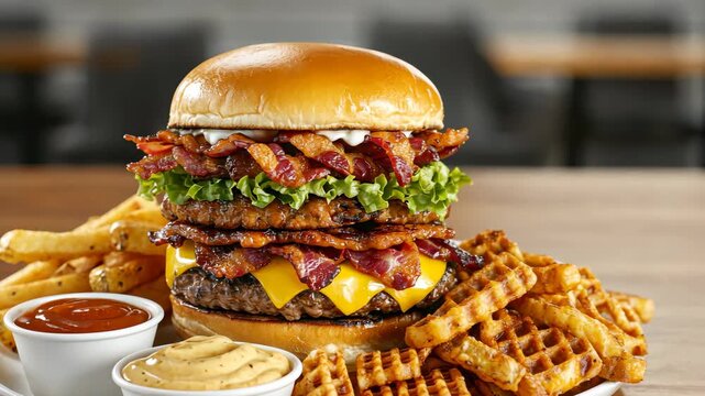 Delicious burger journey with crispy bacon, cheese, and waffle fries tempting taste buds