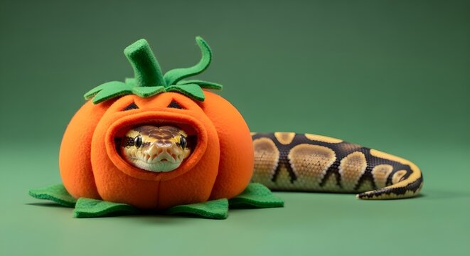 Ball python peeking from orange pumpkin costume with patterned body on green