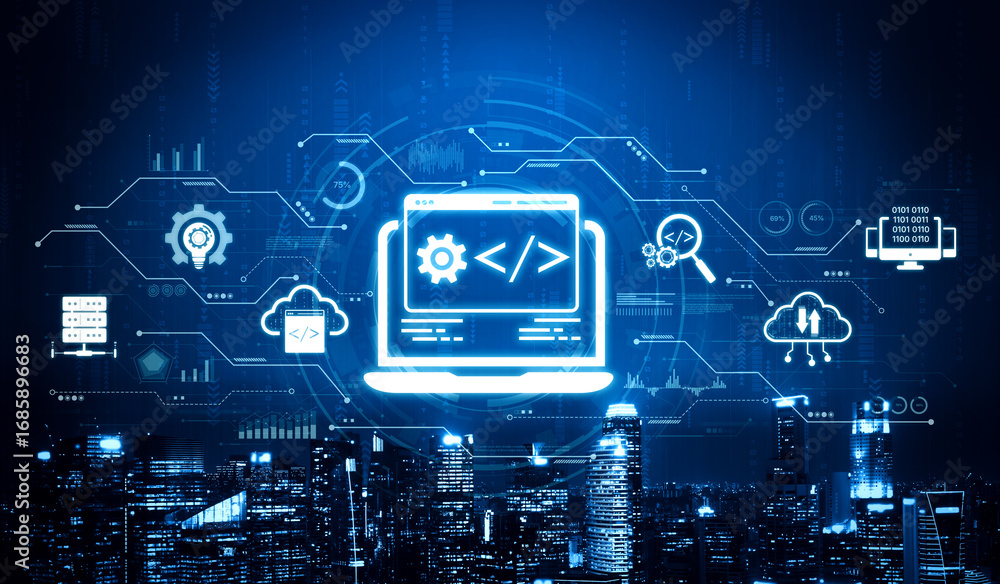 Poster modern web development concept featuring coding symbols, web development process, web development in