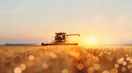 Golden hour harvest combine harvester working in a wheat field