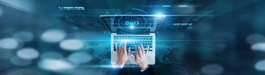 Blockchain finance, decentralized transactions Businessman using laptop with DeFi icon, smart contracts, liquidity pools, token exchange, and financial transparency.