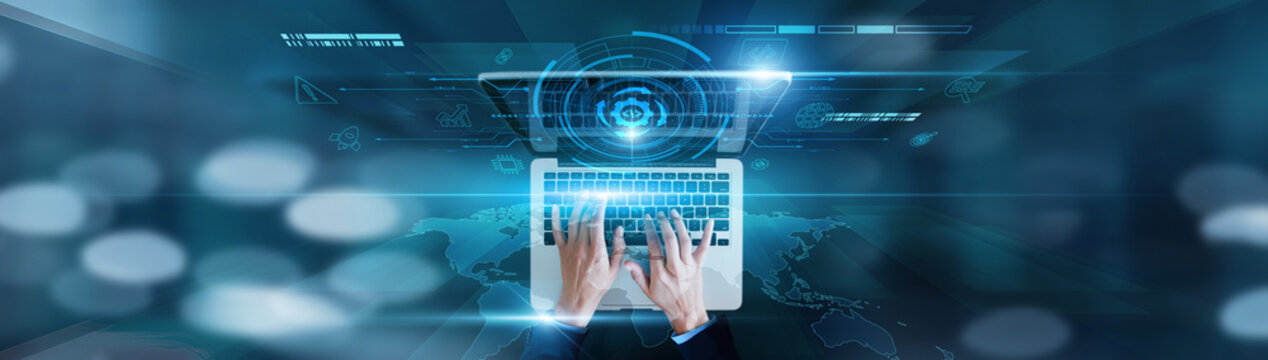 Continuous integration, automated workflows Businessman using laptop with DevOps icon, pipeline deployment, infrastructure as code, monitoring tools, and release management.