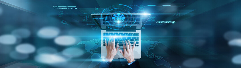Digital services, transparent governance Businessman using laptop with e-governance icon, citizen...