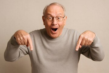Shocked senior man pointing down with index fingers and wearing glasses and a gray sweater on a light brown background