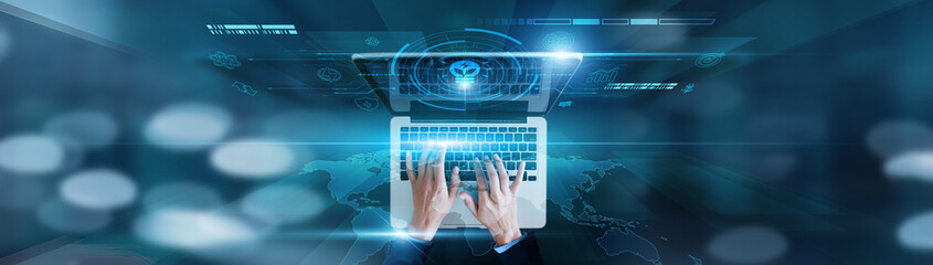 Renewable energy, smart grids. Businessman using laptop with energy technology icon, power optimization, solar systems, consumption monitoring, sustainability analytics, automation tools.