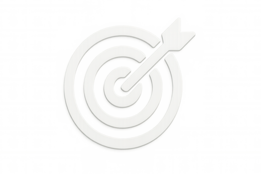 White bullseye with arrow hitting the center, symbolizing success and accuracy on a transparent background, ideal for business concepts