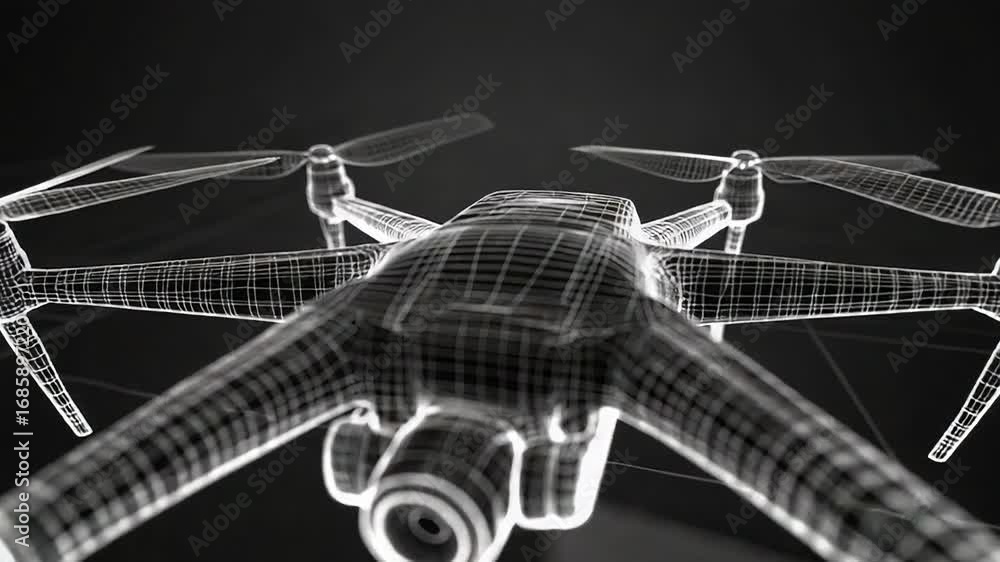 Poster wireframe drone hovering in dark digital environment