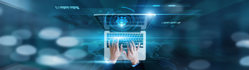 Task scheduling, milestone tracking Businessman using laptop with resource allocation, workflow...