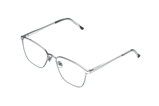 A grayscale illustration of eyeglasses.  The frame is a simple rectangular style
