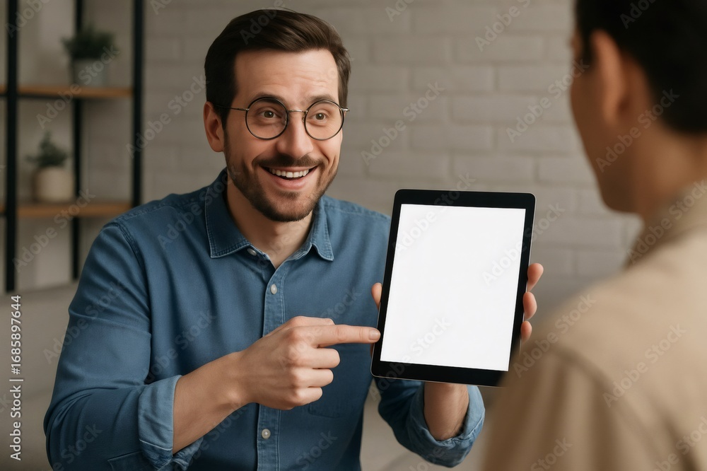 Aufkleber smiling businessman pointing at digital tablet with white empty screen, presenting startup project t