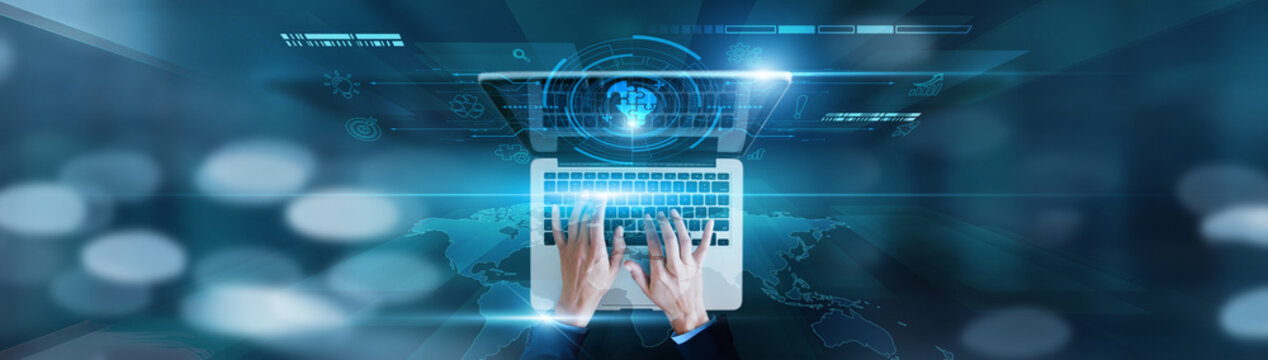 Custom strategies, innovative ideas Businessman using laptop with automation tools, performance enhancements, integration frameworks, optimization plans, and cost-effective solutions.