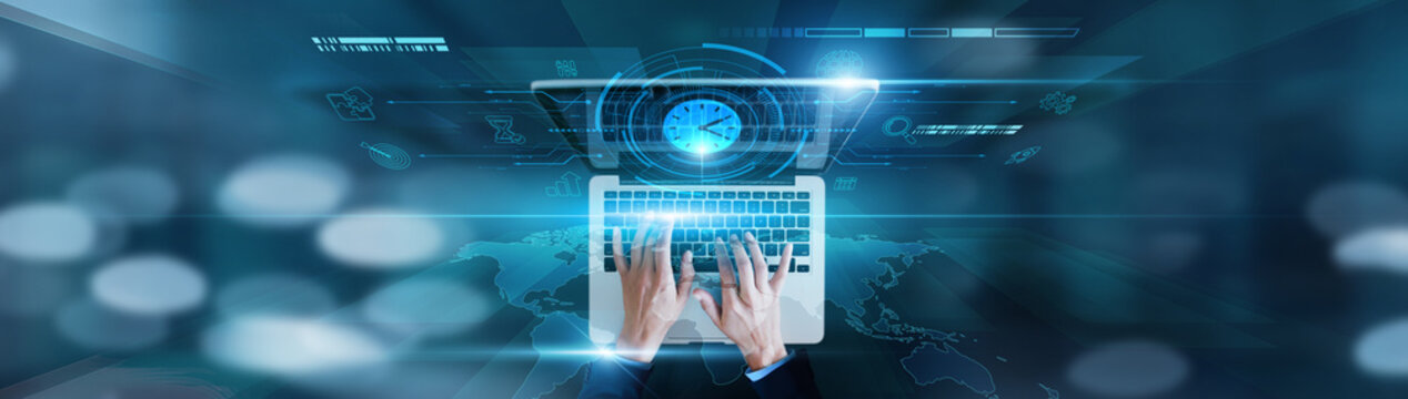 Productivity planning, task scheduling Businessman using laptop with time management icon, workflow automation, deadline tracking, performance analytics, goal setting, efficiency monitoring.