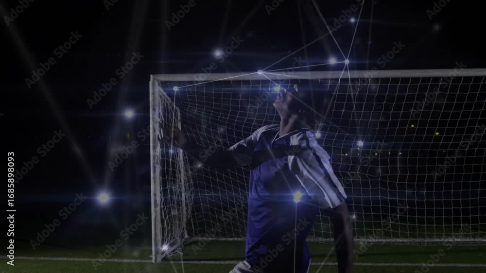 Poster incoming ball causing digital nodes overlay while soccer player executing bicycle kick netting goal
