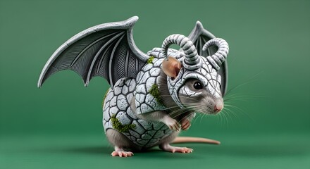 A grey mouse adorned with fantasy armor featuring stone scales dragon wings and curved horns