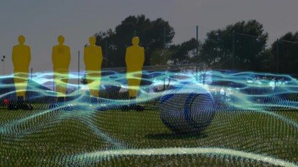 soccer player running toward ball near mannequins causing wave grid rippling on kick in sports demo - Powered by Adobe
