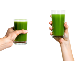 Close-up of hand holding fresh green smoothie with spinach, healthy lifestyle choice isolated