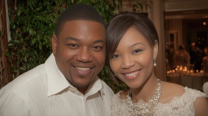 Couple Smiling Together at a Celebration in a Beautifully Decorated Venue