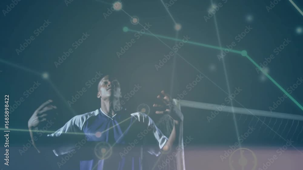 Poster digital orb appearing under lights soccer player gazing opponent sprinting and leaping for control