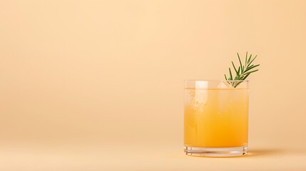 Refreshing orange cocktail with rosemary garnish on a peach background