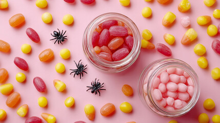 Colorful candy spread with halloween decorations on pink background