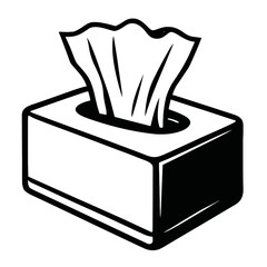 Clean black and white vector icon of a classic tissue box, showing soft facial tissues readily available. Represents hygiene, comfort for colds, flu, allergies, and everyday personal care. Perfect for