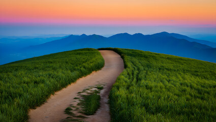 A winding dirt trail leads to the top of a grassy hill at sunset with mountain view