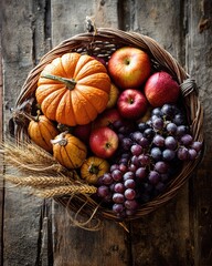 Bunter Obst- und Gemüsekorb mit Kürbissen