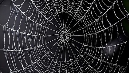 Obraz premium Close-up of a delicate spider web, intricately woven, glistening with tiny water droplets