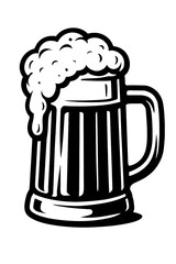 Classic black and white vector illustration of a traditional beer mug, overflowing with abundant frothy foam. Perfect for pub signs, brewery logos, Oktoberfest, craft beer marketing, and beverage desi