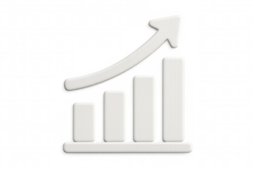 White bar graph with upward arrow symbolizing business growth and success on a transparent background. Ideal for financial presentations