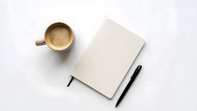 Coffee cup, notebook and pen on white background isolated on white background