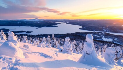 Snowy winter landscape at sunrise
