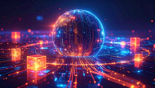 A digital globe surrounded by glowing circuit board patterns