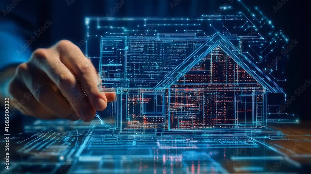Poster architect designing futuristic smart home using holographic projection technology