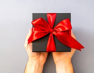 Hands holding a black gift box with a red ribbon (1)