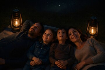Happy family lying on blanket and watching stars at night, enjoying their time together near two illuminated vintage oil lamps