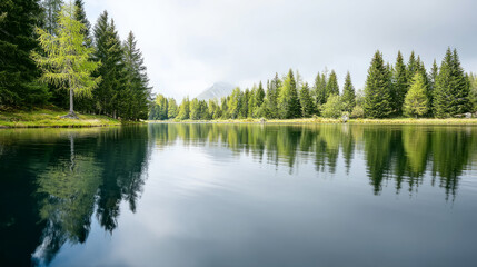 Fototapeta premium Tranquil freshwater ecosystem with reflective calm lake and lush greenery