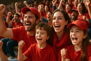 Happy family cheering and celebrating while watching a sports event at stadium, wearing red team jerseys and hats