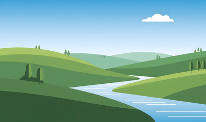 Fototapeta premium River winds through rolling green hills under a clear blue sky, creating a serene and peaceful landscape scene.