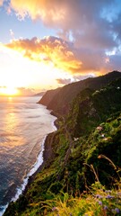 Coastal sunset over dramatic cliffs