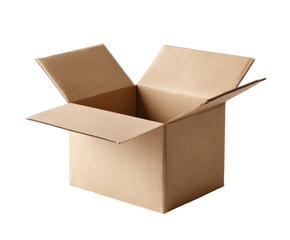 Open cardboard box, light beige color, rectangular shape, empty inside, simple packaging