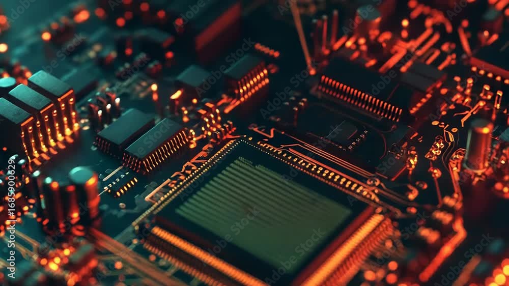 Poster cpu processing data on futuristic circuit board with glowing components